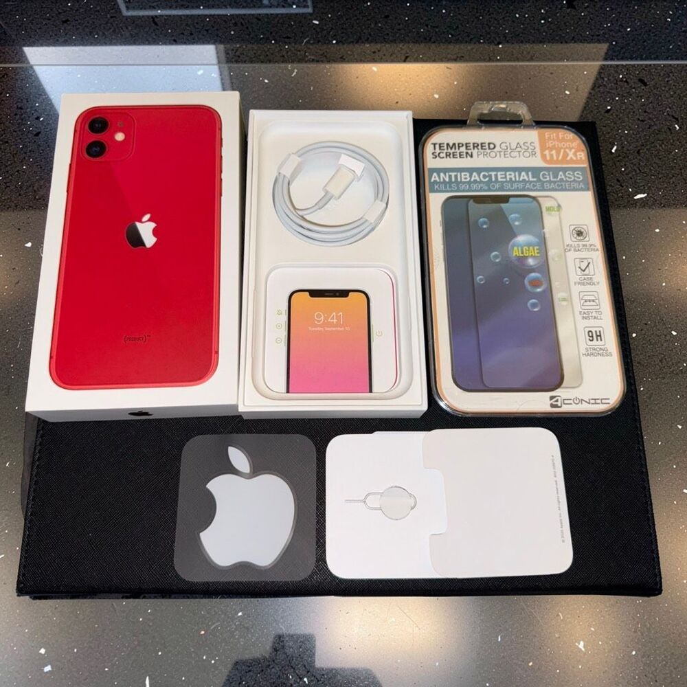 Red Apple iPhone 11 64g Box NEW Screen Saver + Charging Card Apple Sticker Set